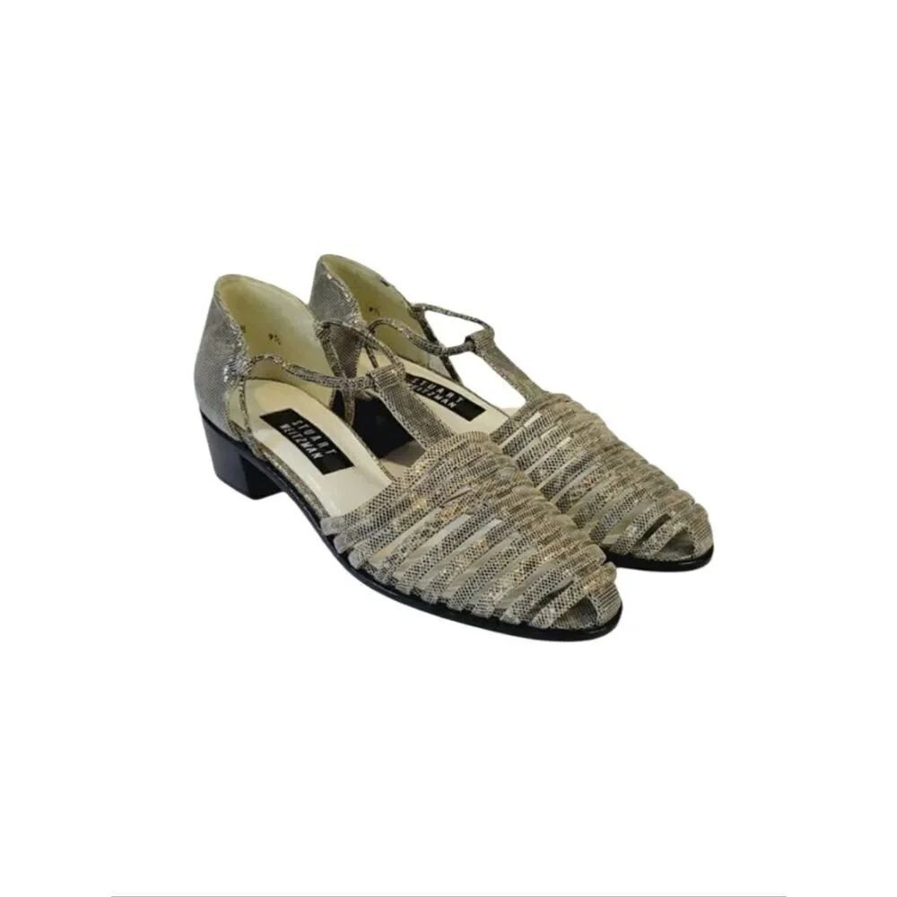 Stuart Weizmann Gold Animal Print Leather Block Heel T-Strap Sandals Size 9.5